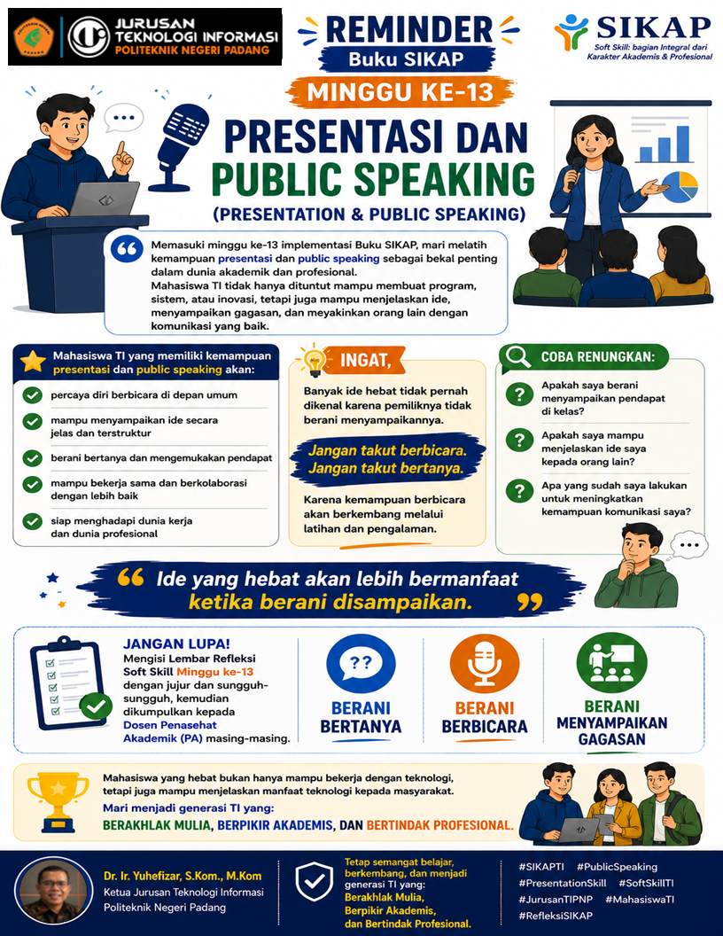 Jurusan TI PNP Perkuat Kemampuan Presentasi dan Public Speaking Mahasiswa Melalui Implementasi Buku SIKAP Minggu Ke-13 Jurusan TI PNP Perkuat Kemampuan Presentasi dan Public Speaking Mahasiswa Melalui Implementasi Buku SIKAP Minggu Ke-13